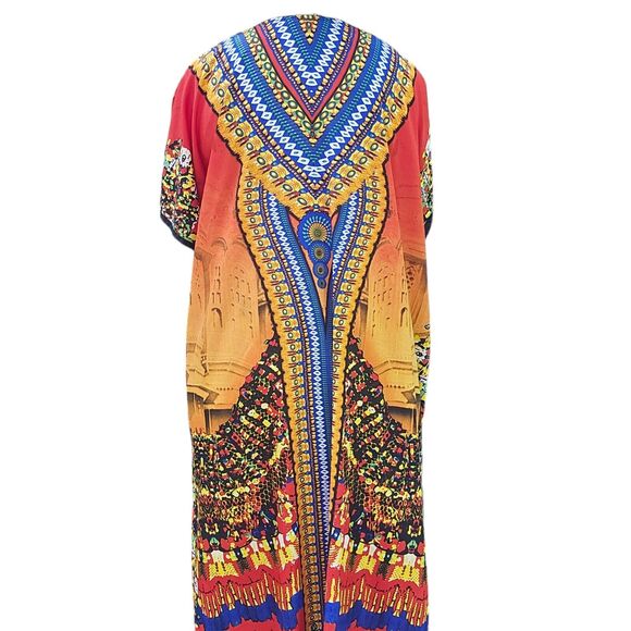 Red Yellow Orange Blue VNeck Kaftan Muu Muu Pool Beach Cover Up Dress India OSFM - Picture 4 of 13